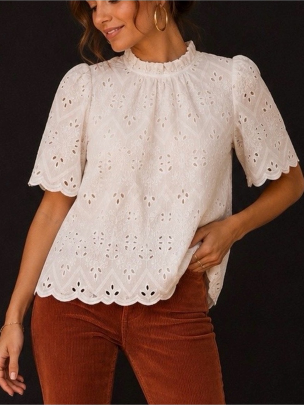 PRETTYGARDEN White Eyelet Lace Blouse Puff Sleeve Mock Neck Top Small